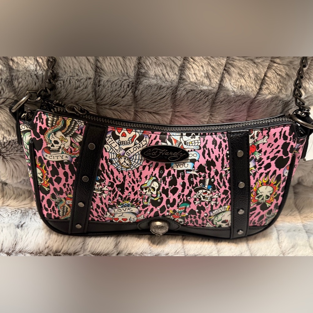 Ed Hardy mini shoulder/baguette Leopard Print Bag